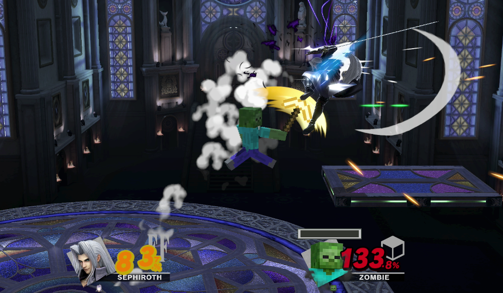 A Smash Ultimate screenshot on the Kalos League stage, The End vs Experiment 12965, last stock, 80% vs 130%, The End is being hit with purple energy sparking off them.